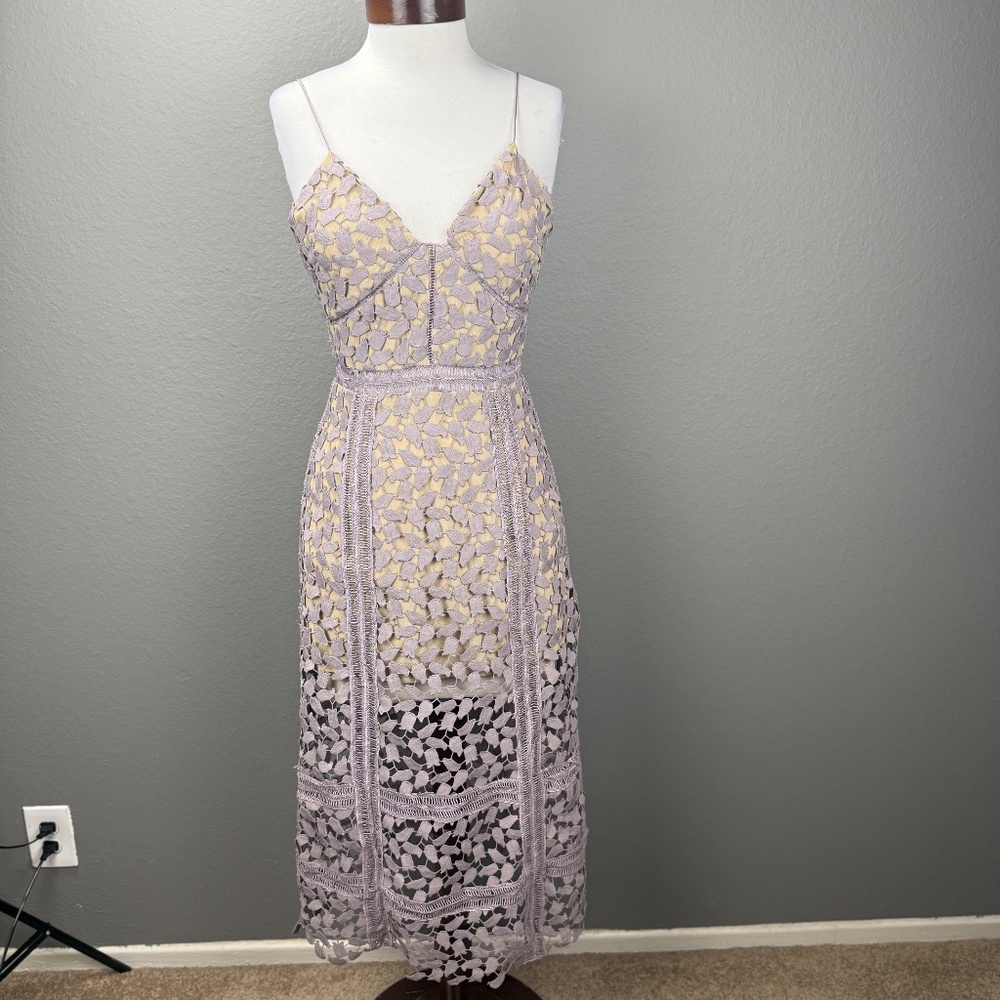 Self Portrait Lilac Guipure Lace V-neck midi dress Sz 4 Spring Kentucky Derby - Picture 4 of 11